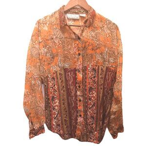 Vintage 90s Leena Studio Beaded Silk-Feel Paisley Floral Blouse Chiffon Rayon L